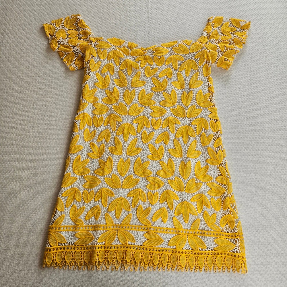 Ellison Yellow Floral Guipure Lace Crocheted Off Shoulder Mini Dress L Wedding